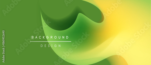 Abstract fluid shapes blend green, yellow hues. Modern design features text background design. Smooth gradients create dynamic visual effect.