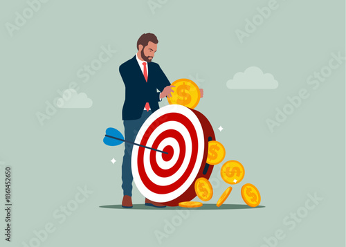 Businessman putting coin a dartboard. Invests money into strategy to get return profit, returns from the costs that have been invested. Target and dart. Flat vector illustration