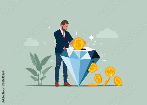Businessman putting coin a diamond. Invests money into diamond to get return profit, returns from the costs that have been invested. Bargain business deal for buyer and seller. Best price shopping. Je