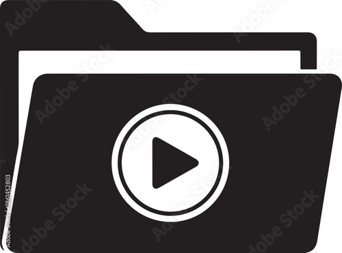 Black play button icons on video files and folders, play media concept