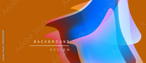 Abstract fluid shapes overlap, creating vibrant color blends. Orange background complements blue, purple hues. Design elements suggest movement, energy.