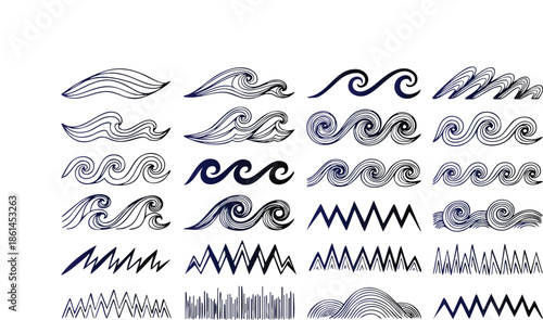 Collection of hand-drawn ocean wave line art for coastal designs and branding.
