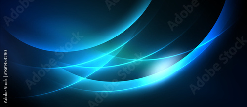 Abstract blue curves, flowing lines, bright light. Dark background creates dramatic visual effect. Modern design elements present.