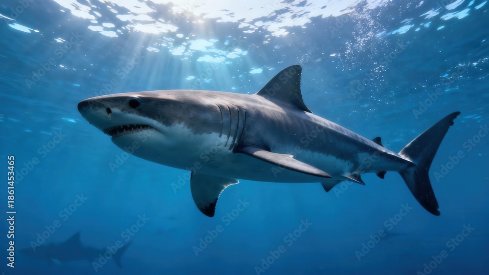 Fototapeta premium Great White Shark swimming majestically in deep blue ocean water illuminated by bright sun rays breaking through the surface.