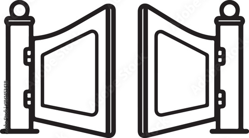 Black metal gate with decorative posts and panels, open and closed sections