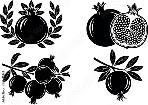 Black and white pomegranate fruit vector illustrations set with whole fruit halved cross section seeds branches and decorative leaf wreaths