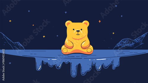 A charming illustration features a golden gummy bear character sitting serenely on an icy ledge under a starry night sky, creating a whimsical and delightful scene.