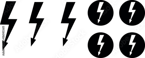 Black Lightning Bolt and Electricity Flash Icons Set with Power Energy Symbols and Danger Voltage Warning Signs Isolated on White