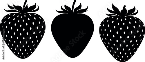 Black Strawberry Silhouette Set with Seed Patterns and Solid Icon Design Elements Isolated on White Background for Fruit Graphic Illustration