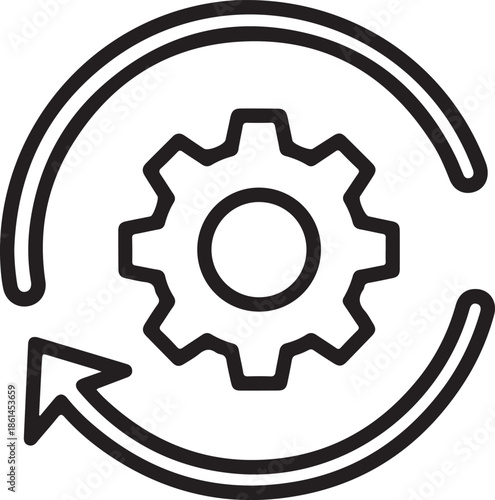 Black line drawing of interlocking gears with circular arrow