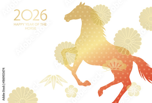Elegant golden horse silhouette for happy year of the horse 2026 japanese new year design