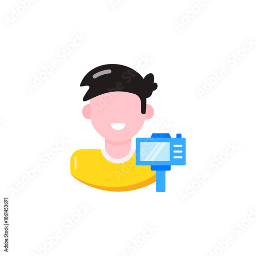 Man vlogger with camera on tripod. Flat vector icon for content creation, video blogging, and social media influencer marketing.