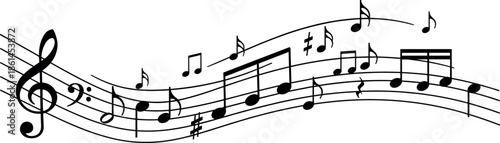 Flowing Musical Staff with Treble and Bass Clef Notes and Symbols on Wavy Lines for Creative Audio and Education Design