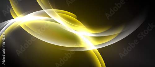 Abstract golden swirls, luminous curves, dark background. Dynamic composition suggests energy, movement, light effects. Smooth gradients create depth.