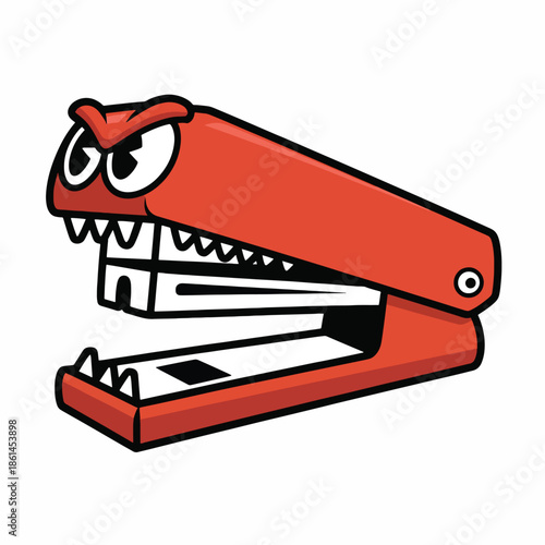 A cartoonish red stapler with an angry dinosaur face, featuring sharp teeth and a menacing expression, set against a plain white background with a surreal and playful mood.
