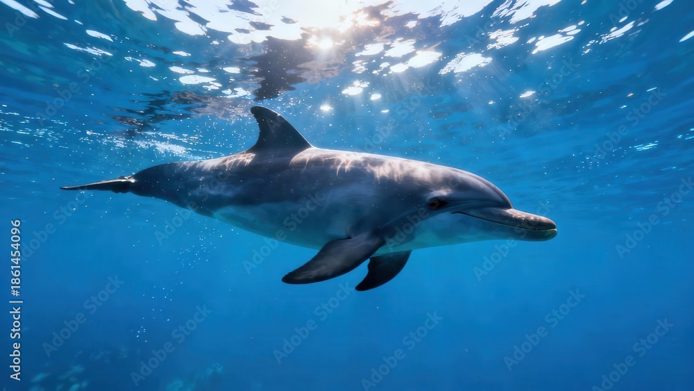Fototapeta premium Bottlenose dolphin swimming gracefully through deep blue ocean water illuminated by bright sunlight filtering down from the rippling surface.