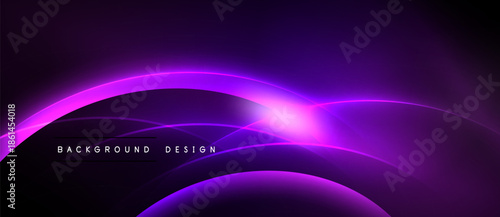 Abstract purple background features glowing curved lines, bright light source. Modern design element for digital projects.