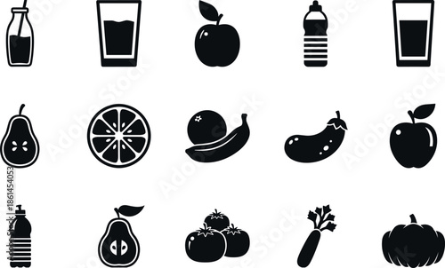 Healthy Organic Food and Drink Icon Set Featuring Fresh Fruits Vegetables Water Bottles and Juice Glasses for Wellness and Nutrition Design