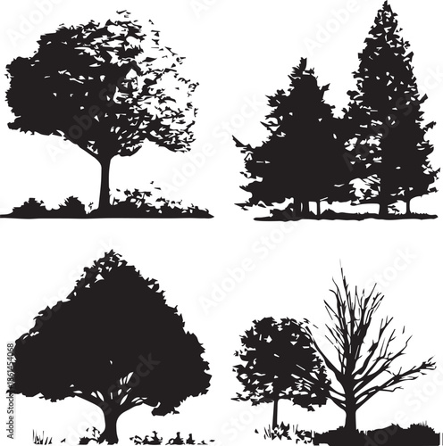 Tree silhouette pack seasonal forest plants black vector icons isolated black and white