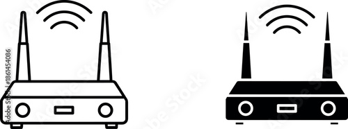 Internet Router Wireless Wi-Fi Connection Vector Icon Set with Dual Antenna Outline and Solid Glyph Style for Network Technology Signal
