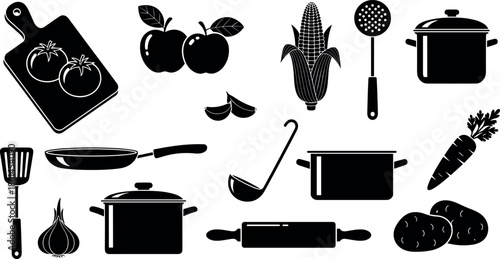 Kitchen Utensils and Fresh Vegetables Set with Cooking Pots Pans Rolling Pin Ladle Skimmer Cutting Board Tomatoes Corn Apples and Potatoes