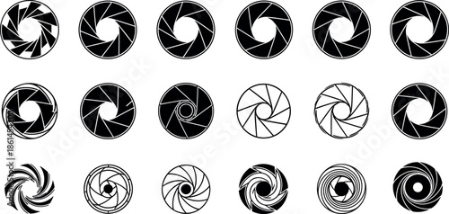 Set of camera aperture shutter icons with various blade counts and creative minimalist geometric lens iris diaphragm vector graphic illustrations