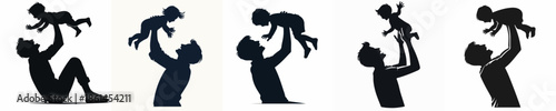 Silhouette of a Happy Father Lifting a Child Vector Illustration