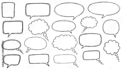 A set of white speech bubbles on a black background on transparent background
