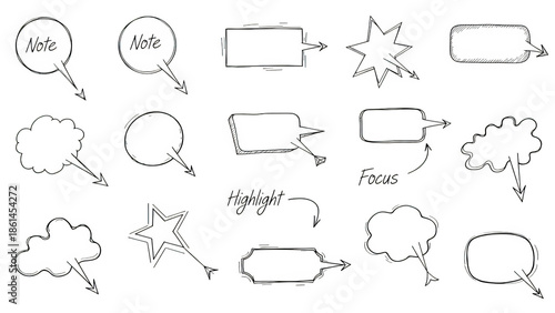 A collection of hand-drawn chalk speech bubbles and notes on a transparent background for presentations