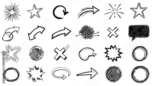 A collection of hand-drawn icons on a transparent background for commercial design use