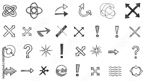 A collection of white chalkboard symbols on a transparent background for business presentations and educational materials