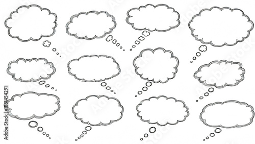 A set of white chalk cloud shapes on a black background on transparent background