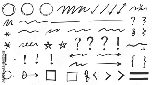 A collection of various hand-drawn symbols and marks on a transparent background for commercial design use