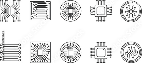 Set of minimalist circuit board icons and microchip line art illustrations for technology hardware electronics engineering and digital network design