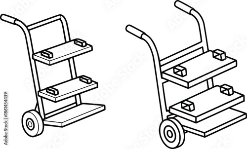 Two hand trucks with multiple shelves for moving items easily