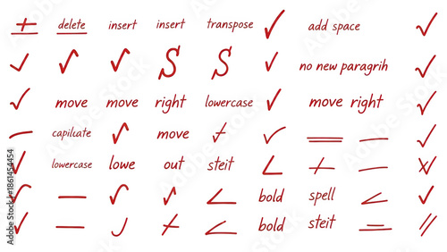 A handwriting guide with red correction symbols and notes on transparent background