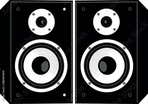 Two Professional Black and White Studio Monitor Speakers Vector Illustration for Music Production Audio Equipment Sound System and Home Entertainment Design