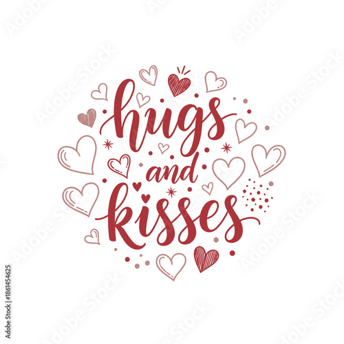 Hugs and kisses typography with hearts and stars, valentines day card, love phrase