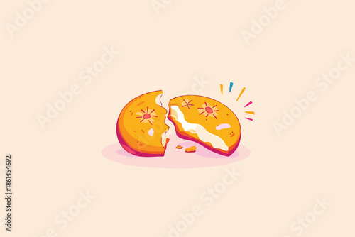 A whimsical illustration features a broken cookie, revealing a creamy filling, set against a soft, pastel background, perfect for food-related designs and cheerful visual content.