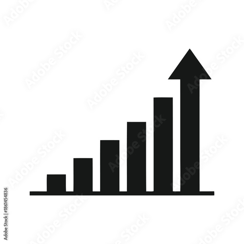 Vector bar chart icon with upward arrow. Represents business growth, financial success, market trend, and data analytics. Ideal for presentations, reports, and infographics.