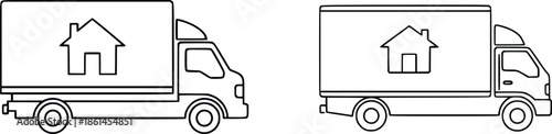 Moving trucks with house icon symbolizing relocation and transport services