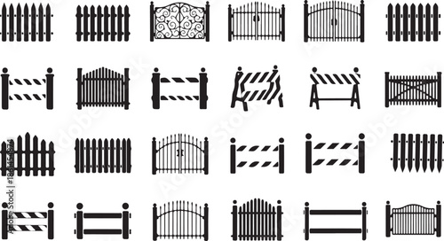 Collection of various wooden and metal gates and fences in black and white