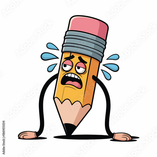 Cartoon pencil with a worried expression and sweat drops on a white background, conveying a stressed mood with a surreal feel.