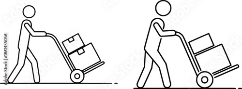 Person pushing hand truck with boxes, illustrating logistics and delivery