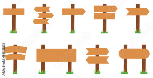 Wooden direction signboards collection with blank arrows. Nature themed pointers for navigation and outdoor
