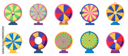 Colorful fortune wheels collection with prize segments. Game spin elements for lottery reward and decision