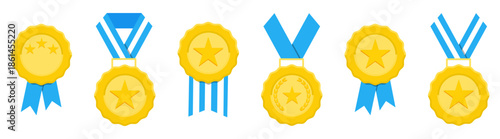 Gold award medals with ribbons and star symbols. Achievement prizes for competition success and victory