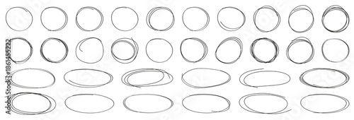 Hand drawn circle and oval sketch outlines. Rough marker style frames for highlighting and emphasis