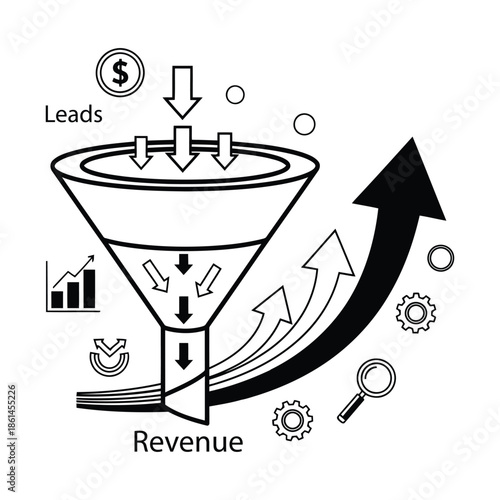 Visualizes the sales funnel process, transforming leads into revenue with upward growth arrows and business icons.