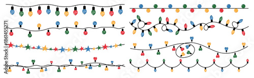 Colorful festive garland lights and decorative strings. Holiday illumination elements for celebration and party designs